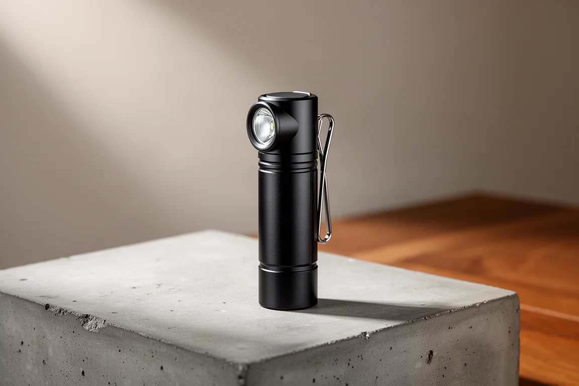 Compact matte black pocket flashlight standing on a concrete surface
