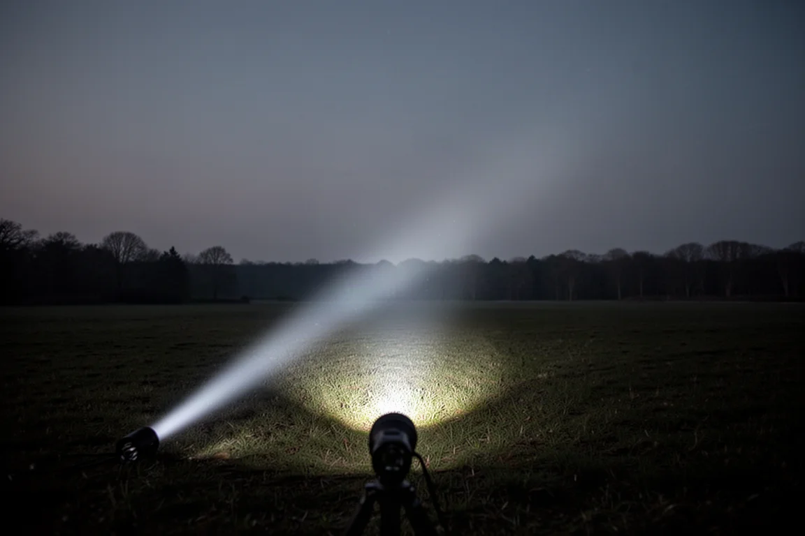 Kraftvoller Taschenlampenstrahl mit schmalem hellem Lichtfleck über dunklem Gelände