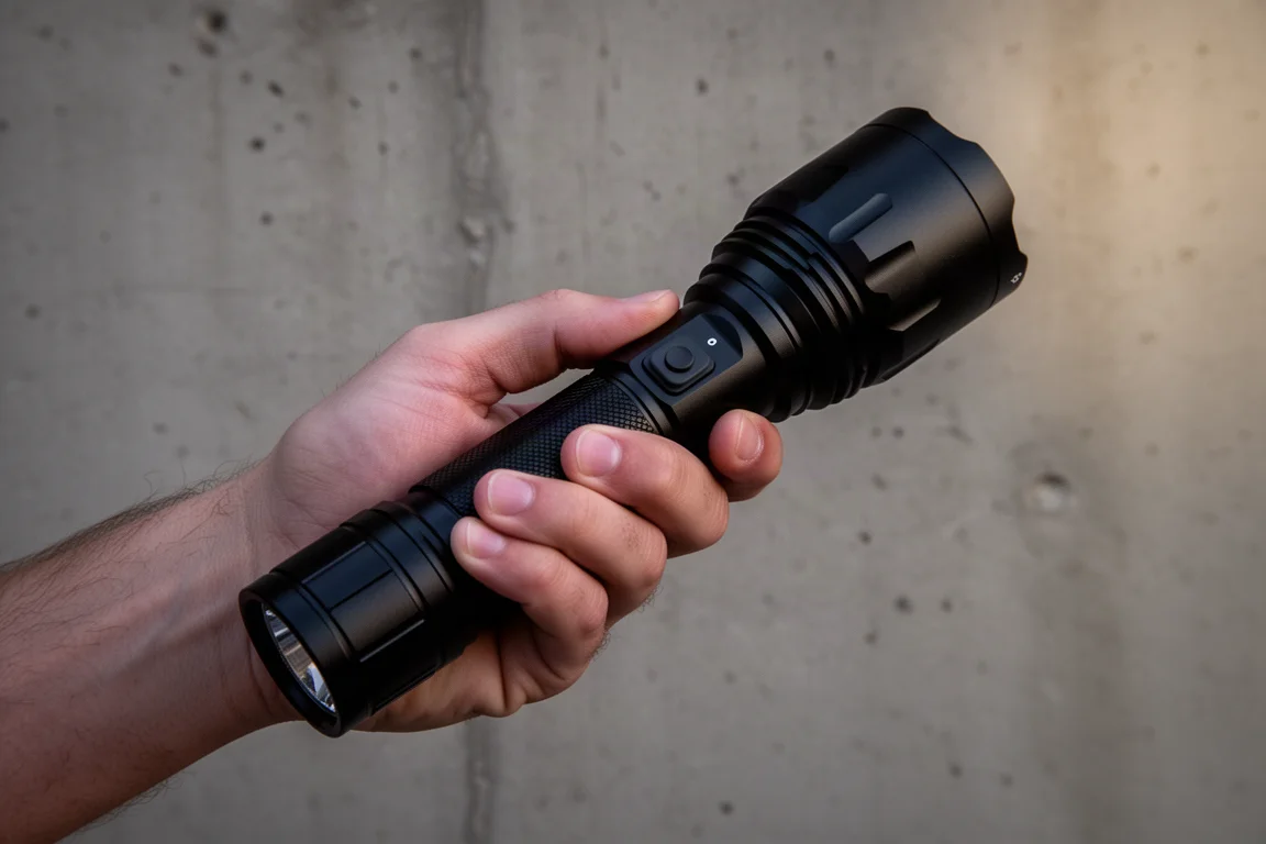 Hand hält eine Taschenlampe neben einem Seitenschalter bei schwachem Umgebungslicht