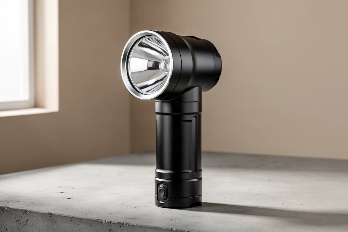 Large matte black long-throw flashlight standing upright on concrete surface