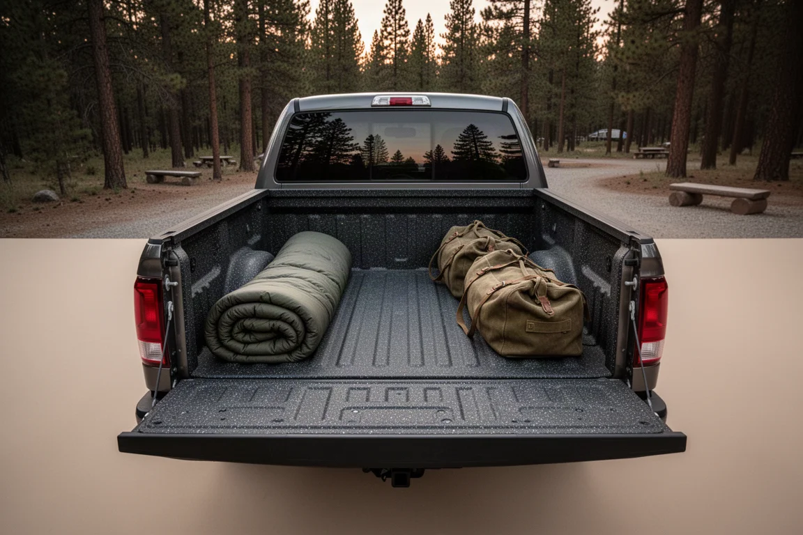 Pickup truck bed set up for car camping with a sleeping bag and duffel at dusk