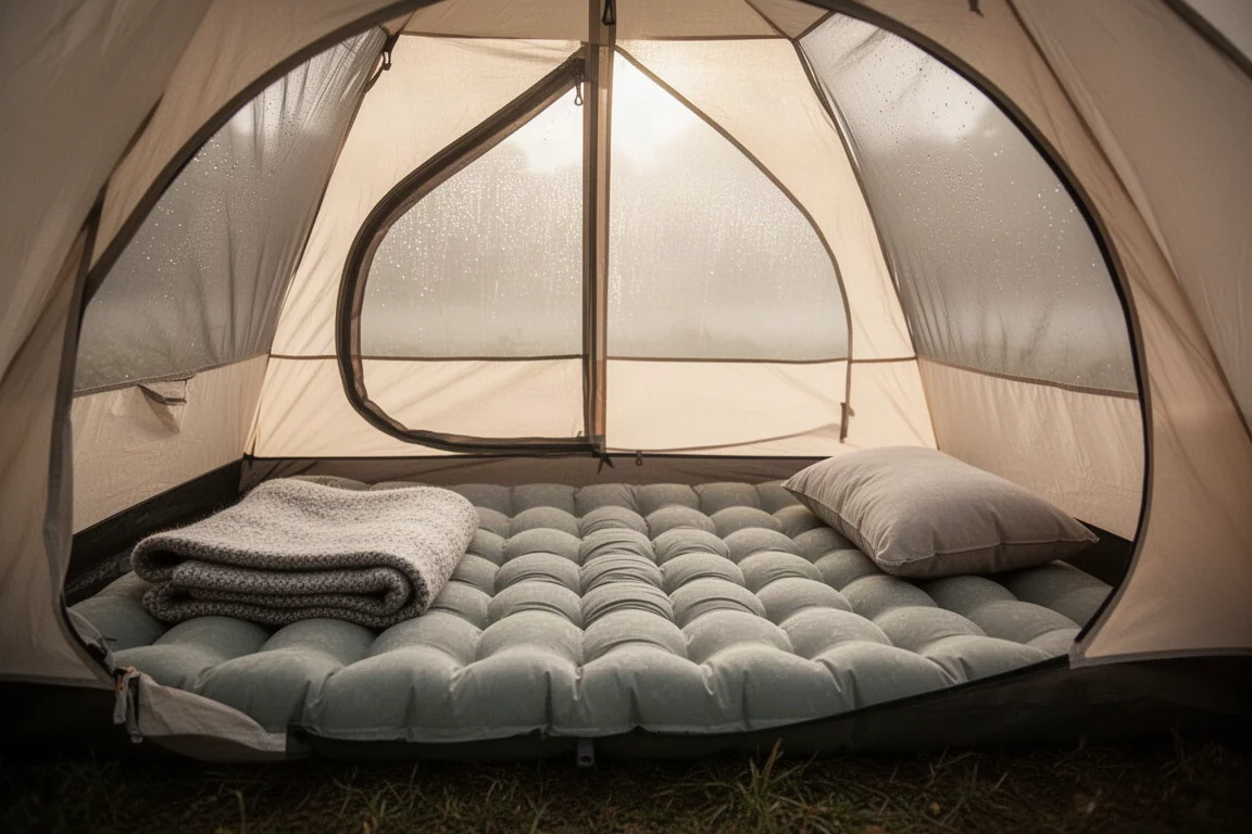 Inflated sleeping pad covering the floor of a tent in soft morning light