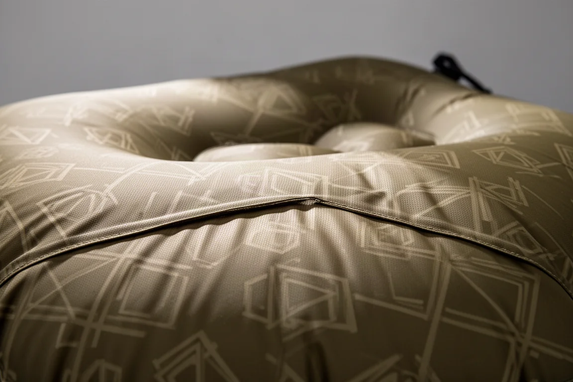 Close-up of khaki patterned mattress fabric with a shallow horizontal seam