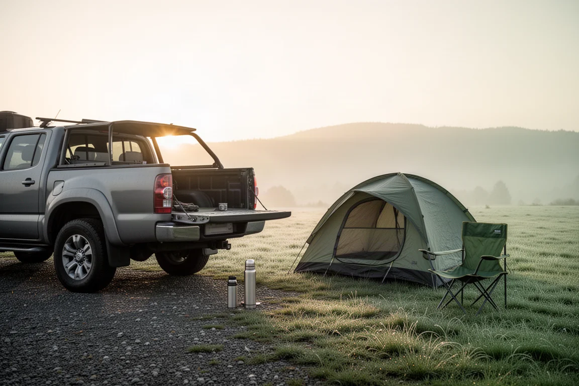 Car camping site at sunrise with a pickup truck, tent, and dew-covered grass