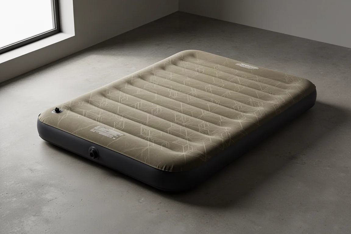 Four-inch inflatable camping mattress with khaki patterned top surface on a concrete floor