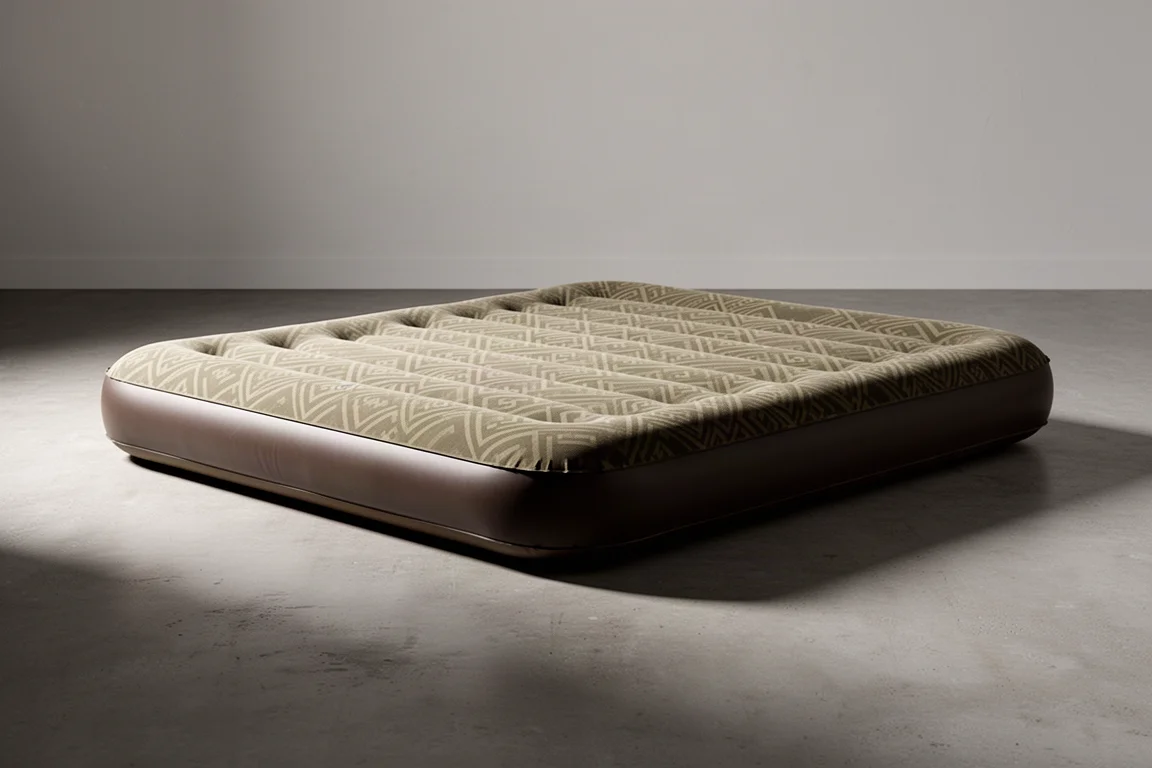 Four-inch khaki patterned camping air mattress laid flat on a concrete floor