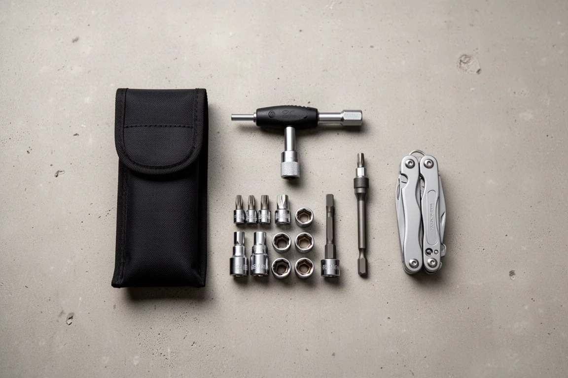Flat-Lay eines kompakten EDC-Werkzeugsets auf einer Betonfläche