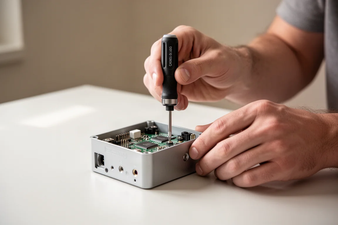 Manos montando un pequeño dispositivo electrónico con un destornillador compacto