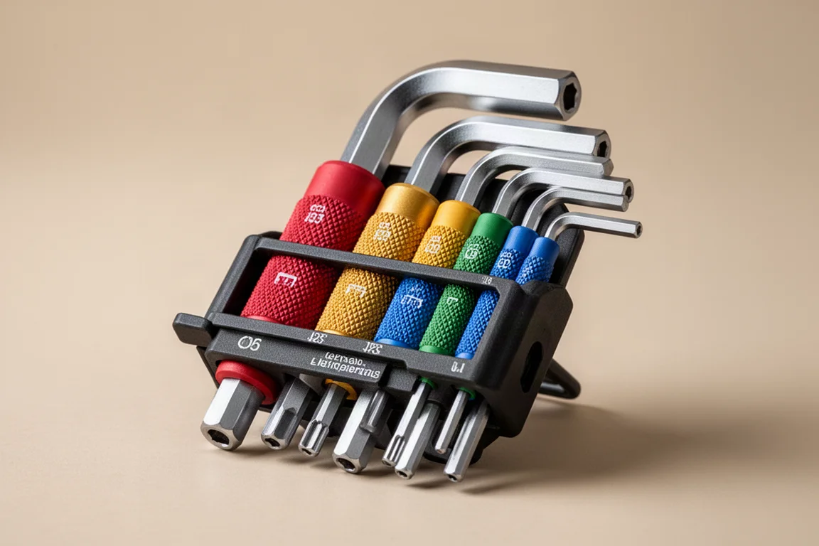 Nine hex L key sets arranged in rows on a matte concrete surface