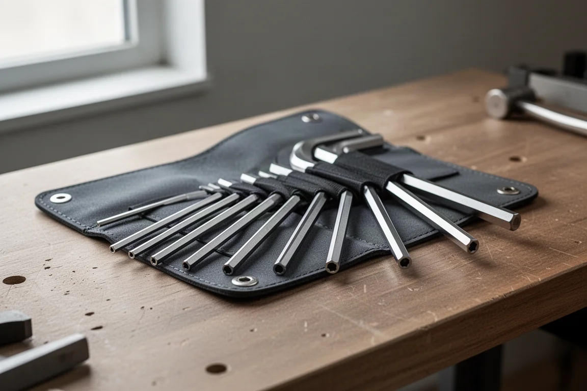 Folding hex key set fanned open on a wooden workbench under soft light