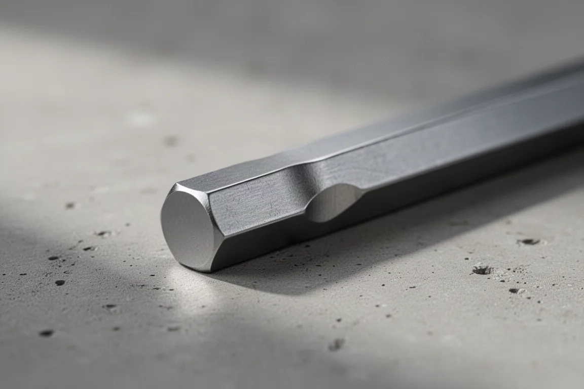 Close-up of a hex key tip showing a concave geometry near the end