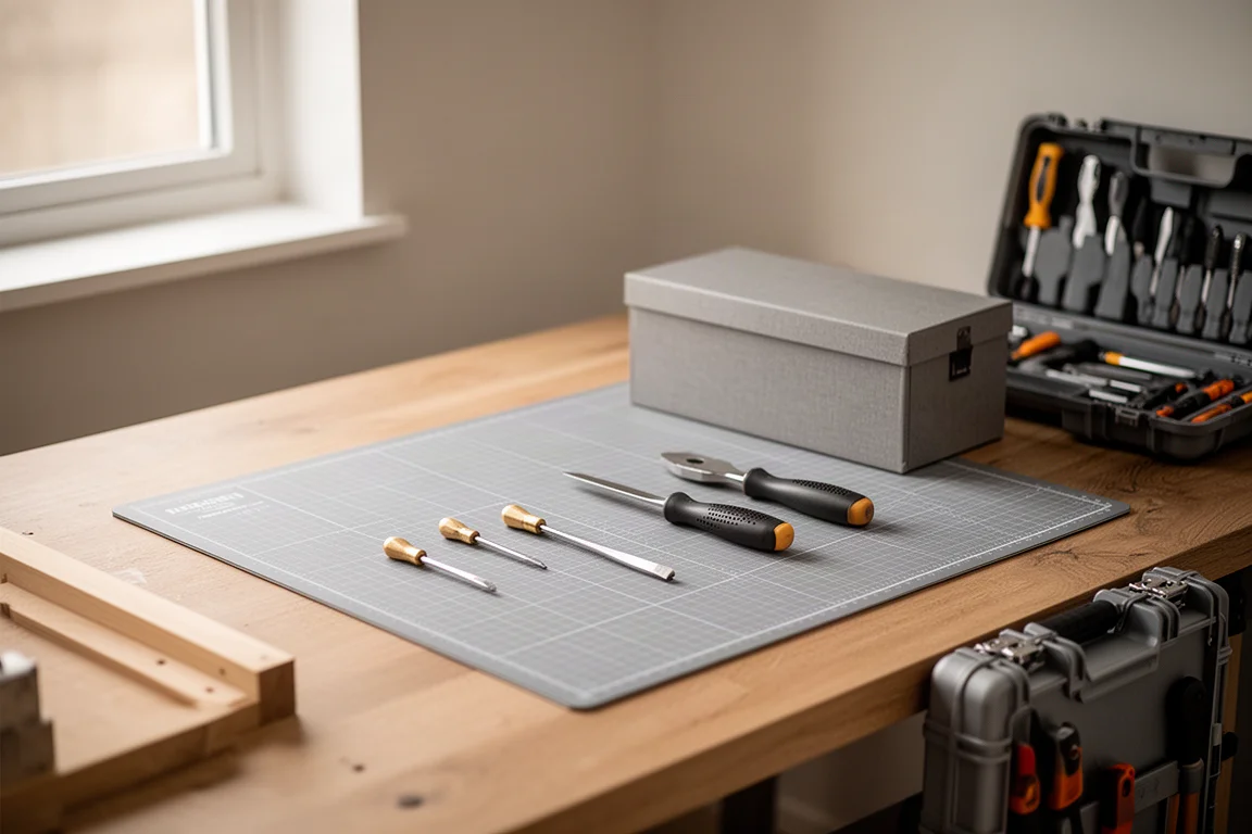 Home workbench scene with small tools arranged on a mat