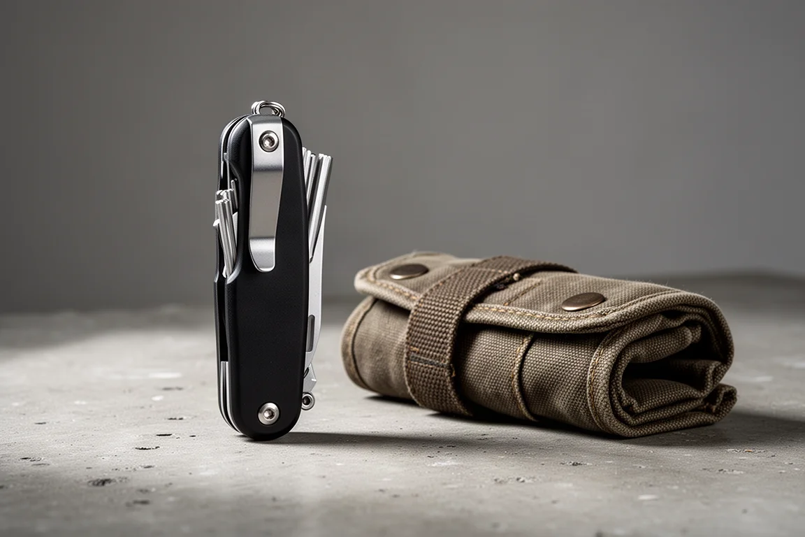 Compact folding hex key case closed and pocketed among small tools