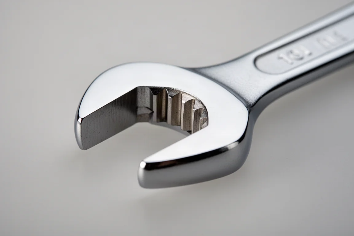 Close-up of a wrench head showing a twelve-point style open end