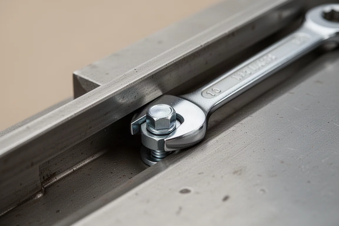 Wrench working a bolt in a narrow gap beside a metal edge