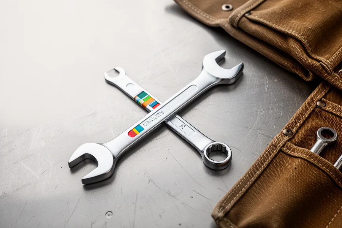 Wrench with color-coded handle marking resting on a workbench