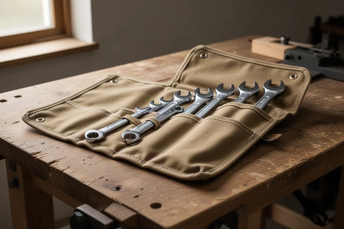 Organized tool roll with wrenches laid out on a workshop bench