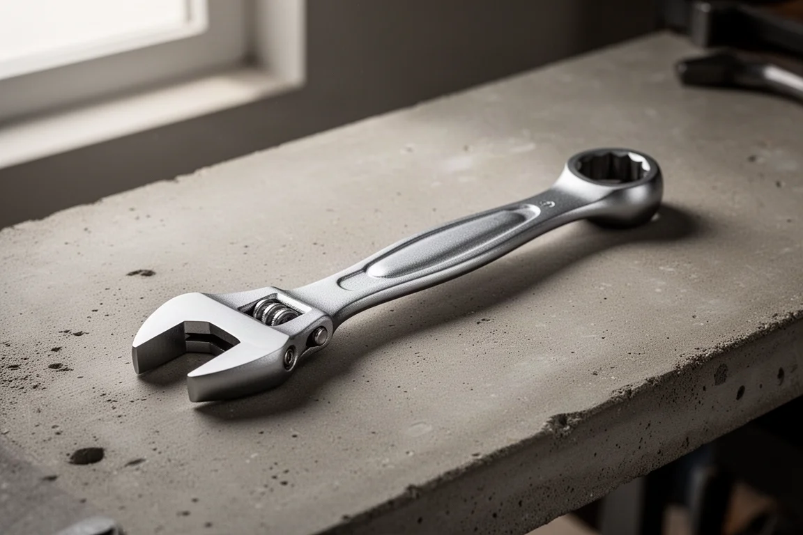 Satin-finish self-setting wrench with cam head on a concrete workbench