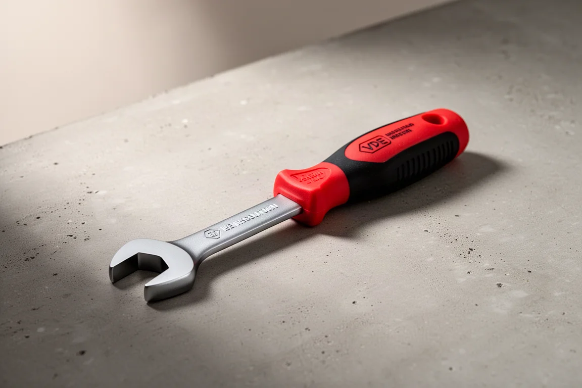VDE-insulated ratcheting wrench with rubberized handle on concrete surface