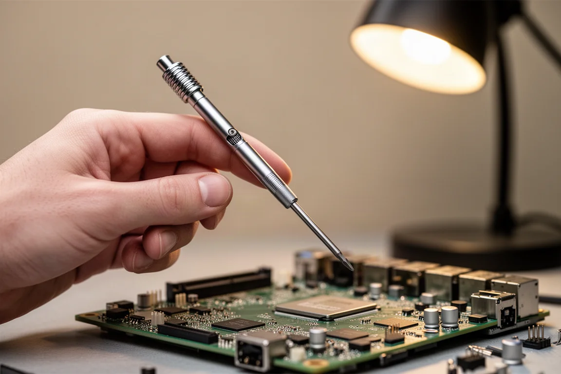 Kleiner Präzisionsschraubendreher mit drehbarer Kappe bei Elektronikarbeiten