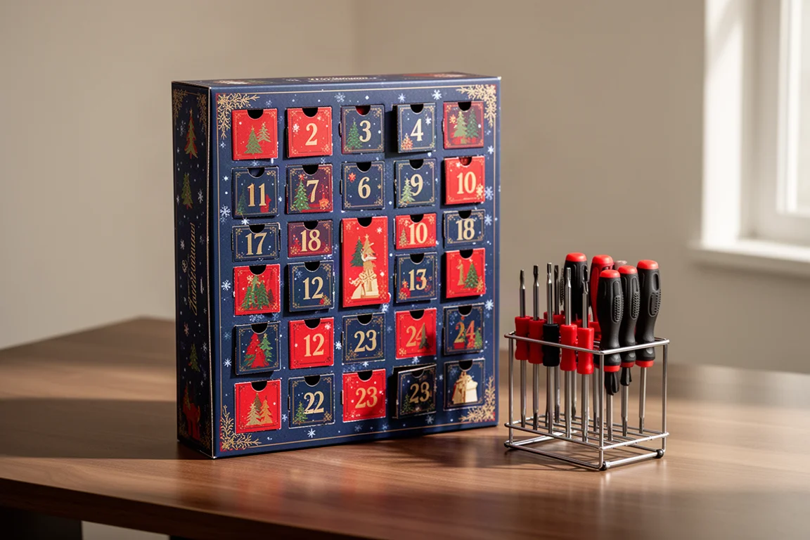 Advent calendar box with numbered doors beside a rack of screwdrivers