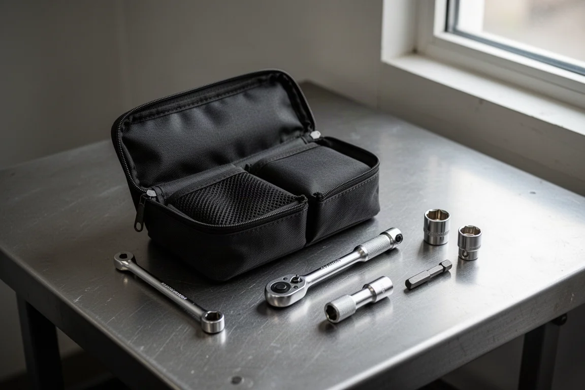 Compact tool pouch open on a workbench with small hand tools laid out beside it