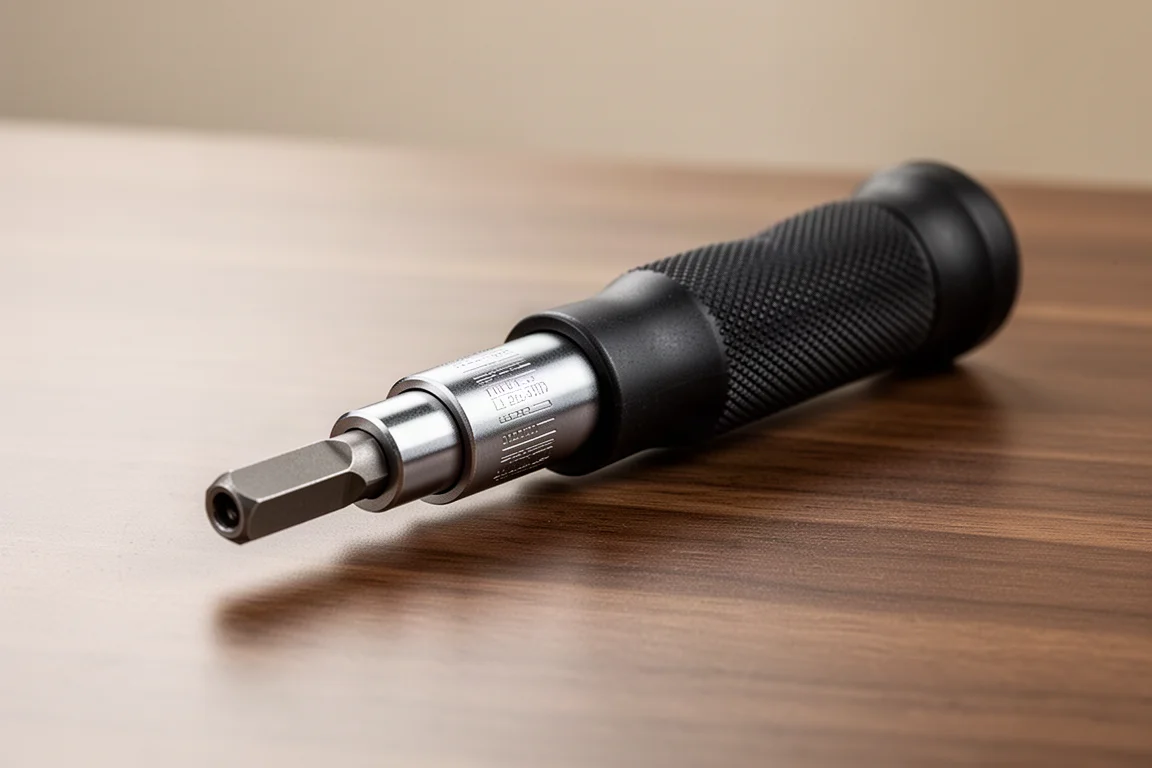 Close-up of a ratcheting bit driver with a bit seated in the tip on a wooden desk