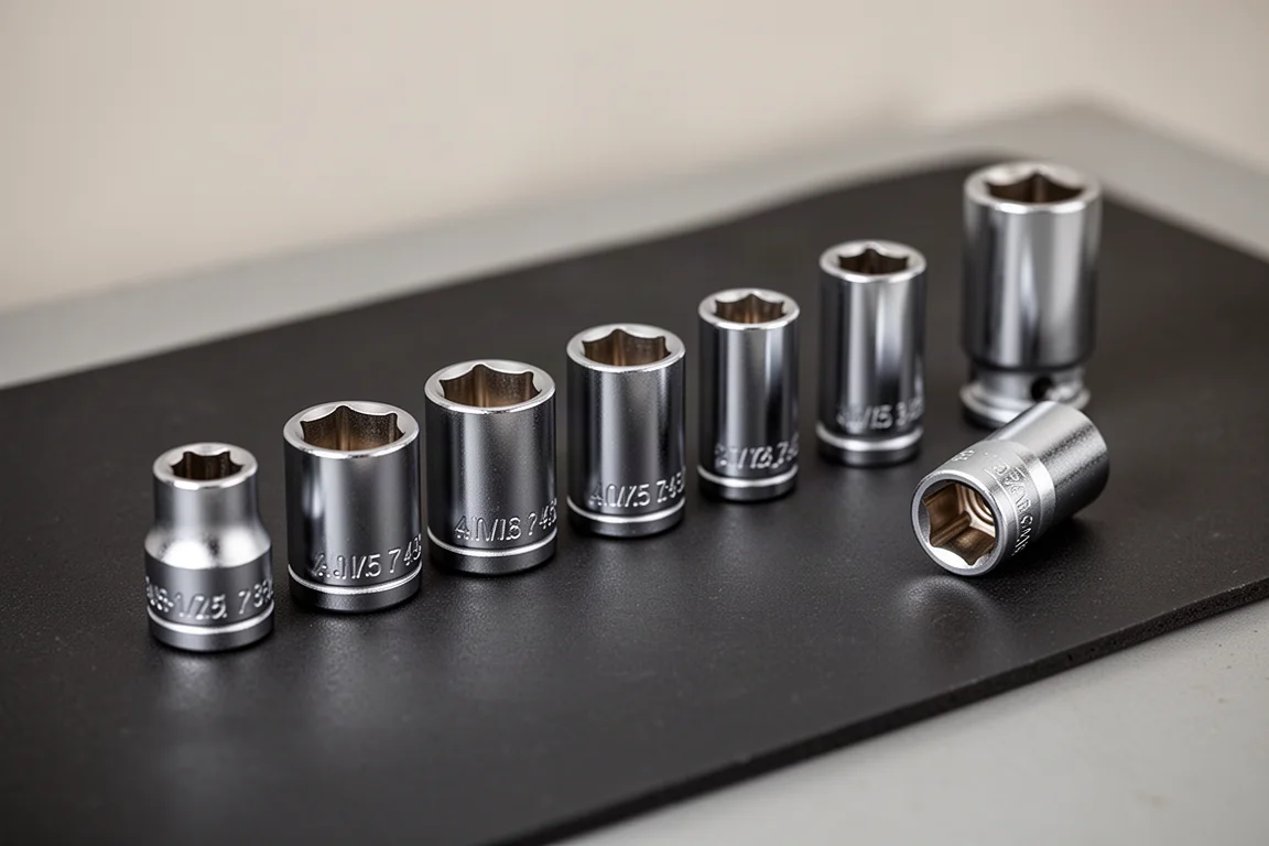 Quarter-inch drive sockets arranged in a row on a dark workshop surface