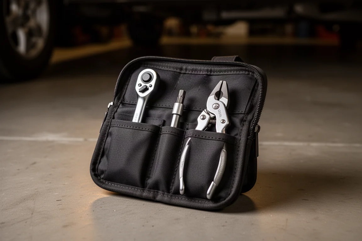 Open two-compartment pouch packed with ratchet, bit driver and pliers in a garage setting