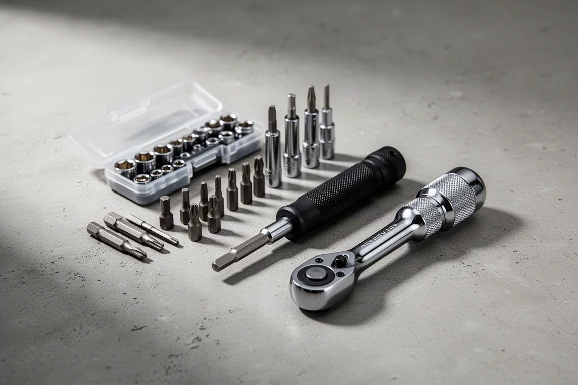 Compact Wera tool kit with sockets, bits, bit driver and roto-head ratchet on concrete