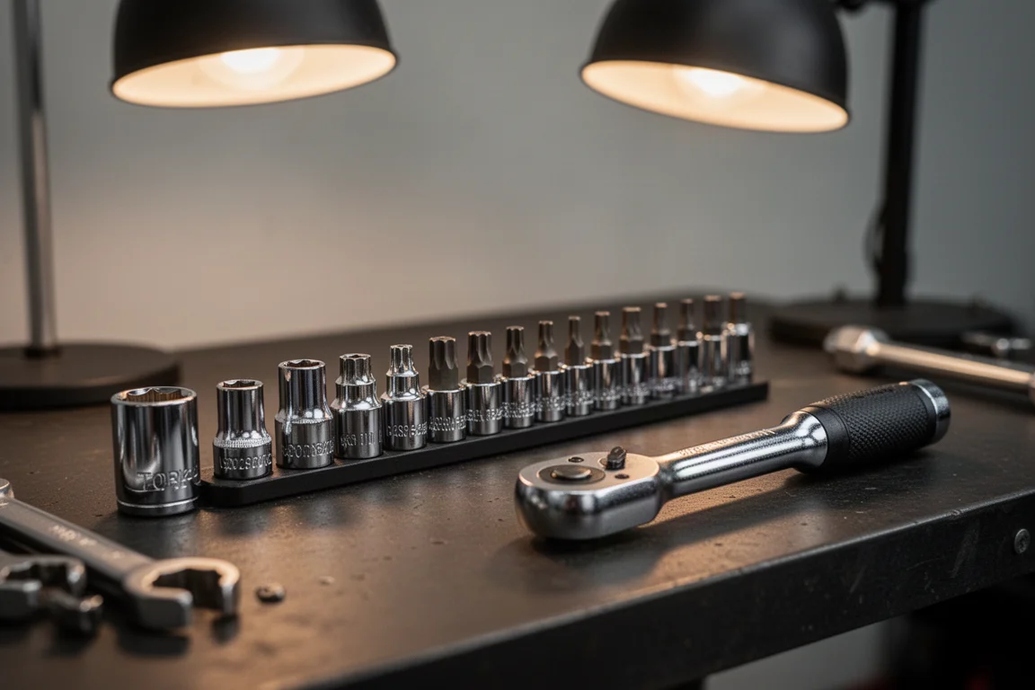 Torx bit socket set laid out on a mechanic's workbench under warm shop light