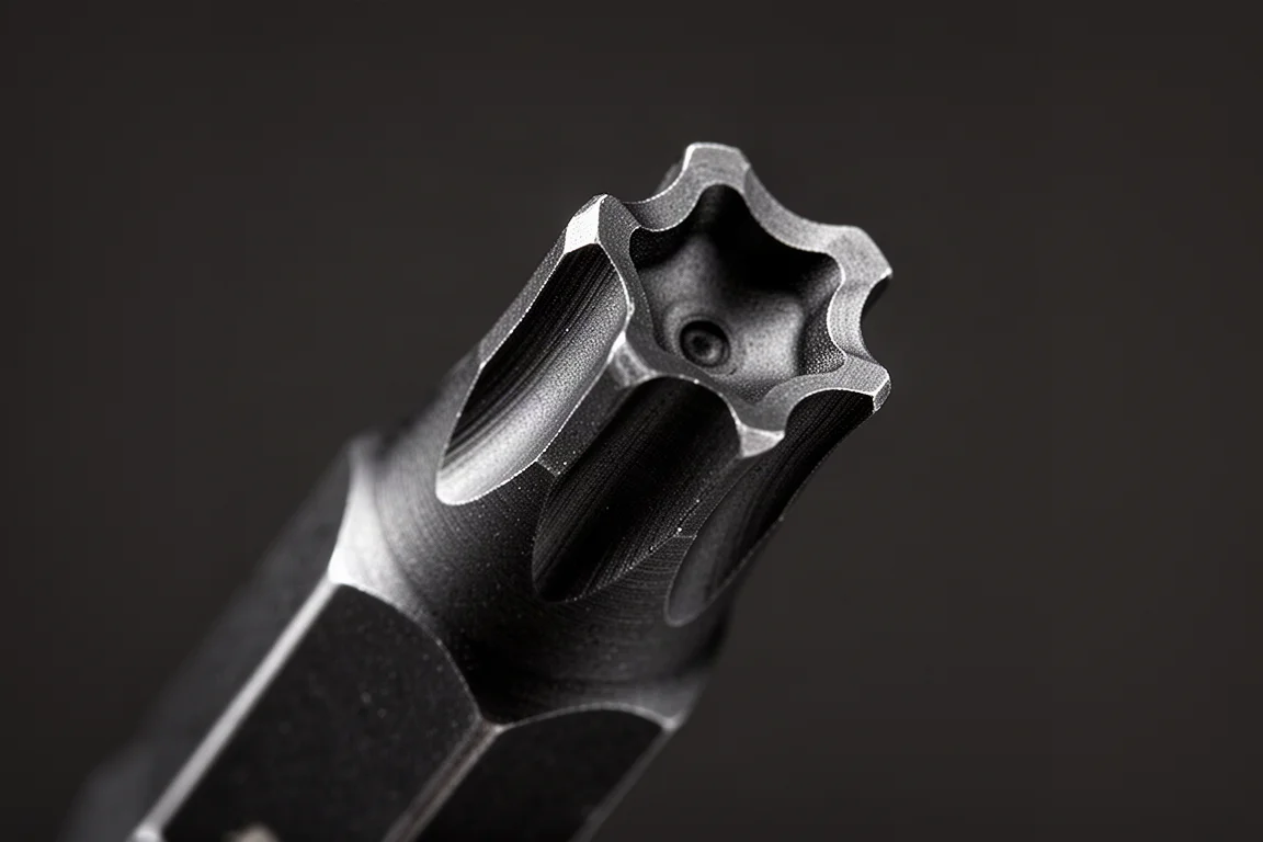Close-up of a Torx bit tip showing lobe geometry against a dark backdrop