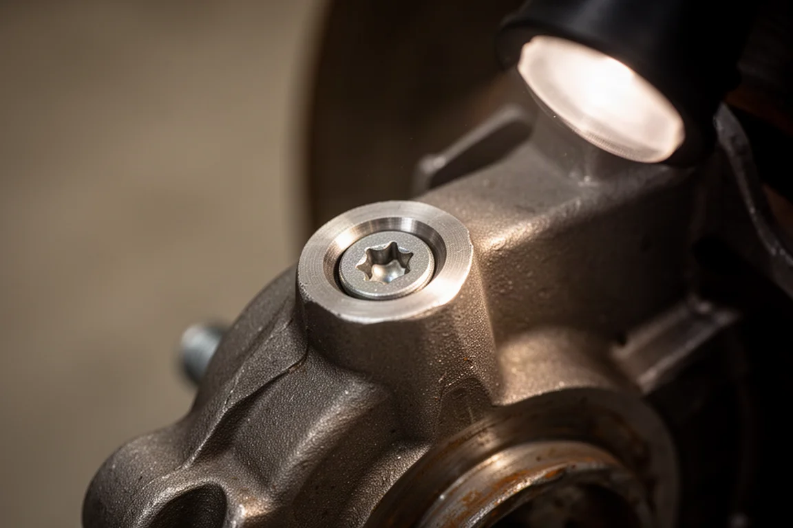Shallow Torx screw head on a car brake component being worked on in a garage