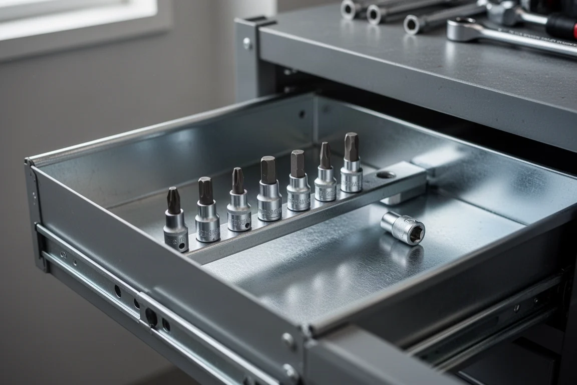 Well-organized tool rail of bit sockets stored in a workshop drawer