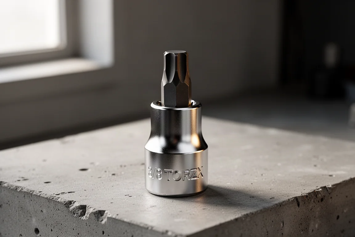 Wera Zyklop HF Torx bit socket standing upright on a concrete workbench