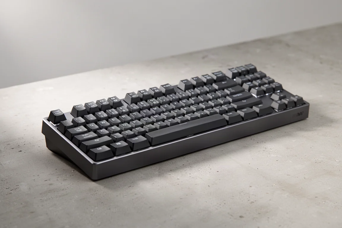 Collezione di tastiere meccaniche tra cui un modello a tema felino e una TKL in alluminio su una superficie in cemento