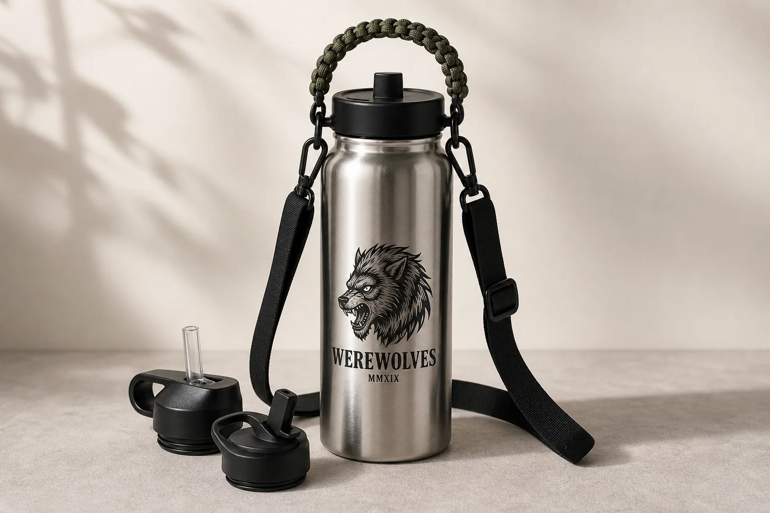 Collection of ten insulated bottles and travel mugs displayed on concrete surface