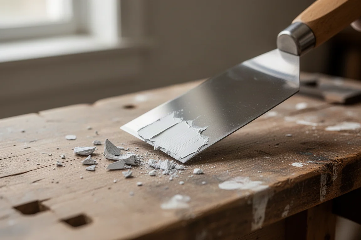 Stainless painters tool scraping dried paint residue from a workbench