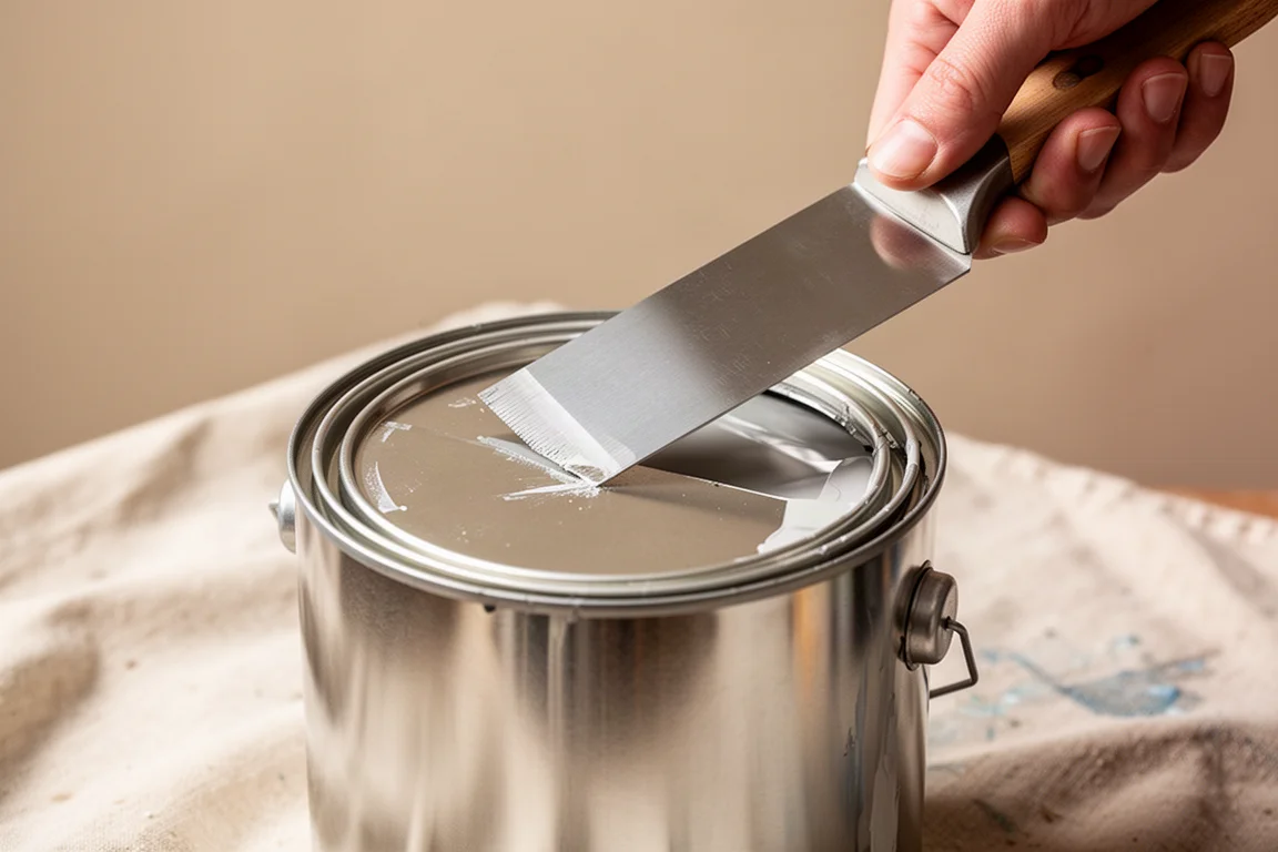 Paint can being opened with a flat steel painters tool