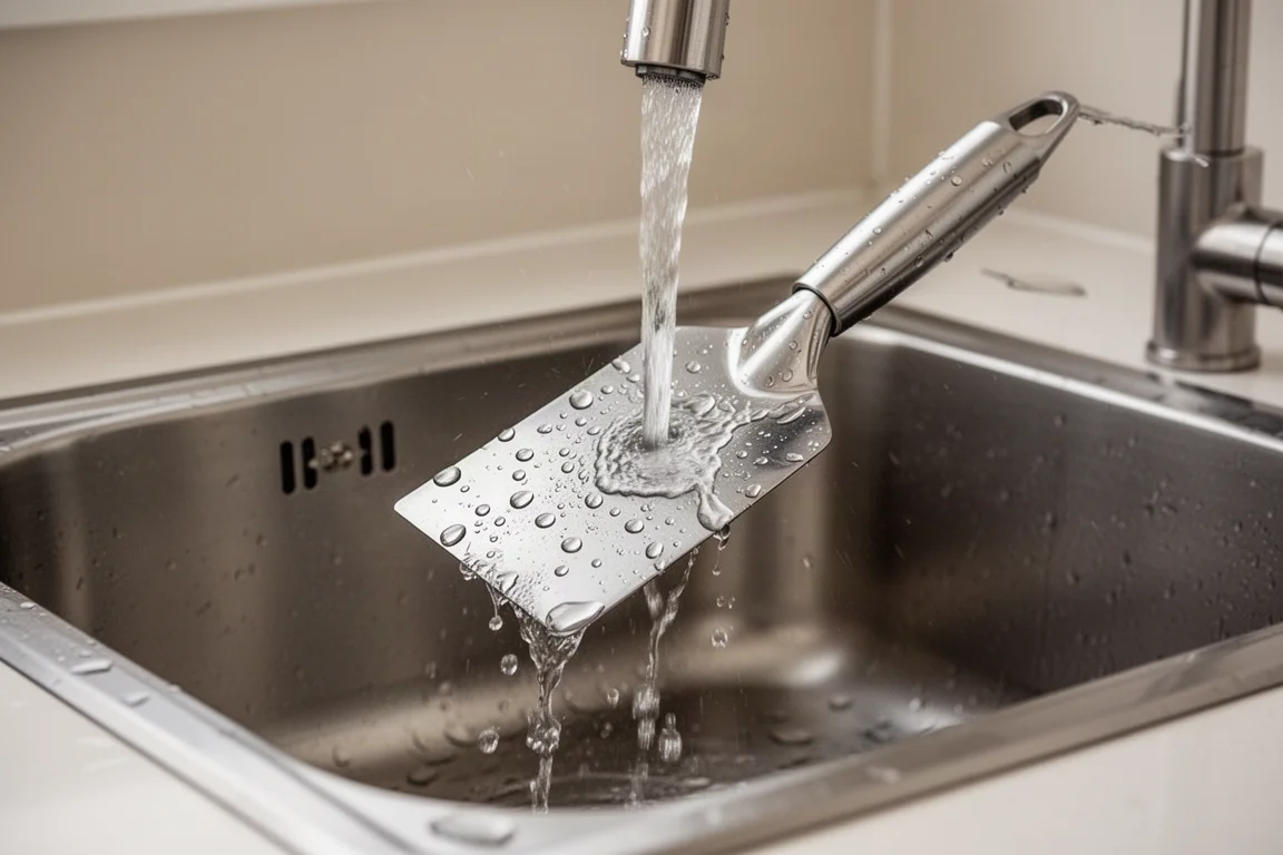 Painters tool being rinsed clean under running water in a kitchen sink