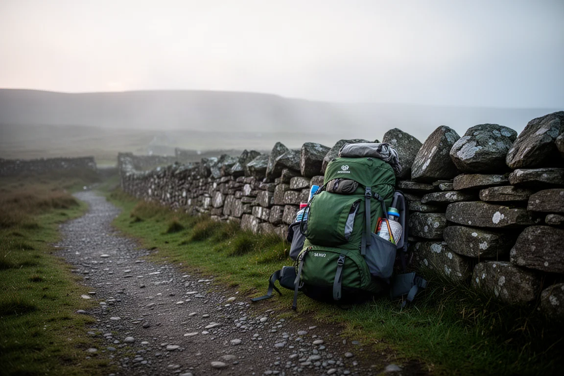 Mochila de senderismo cargada apoyada contra un muro de piedra seca en un sendero de páramo con niebla al amanecer