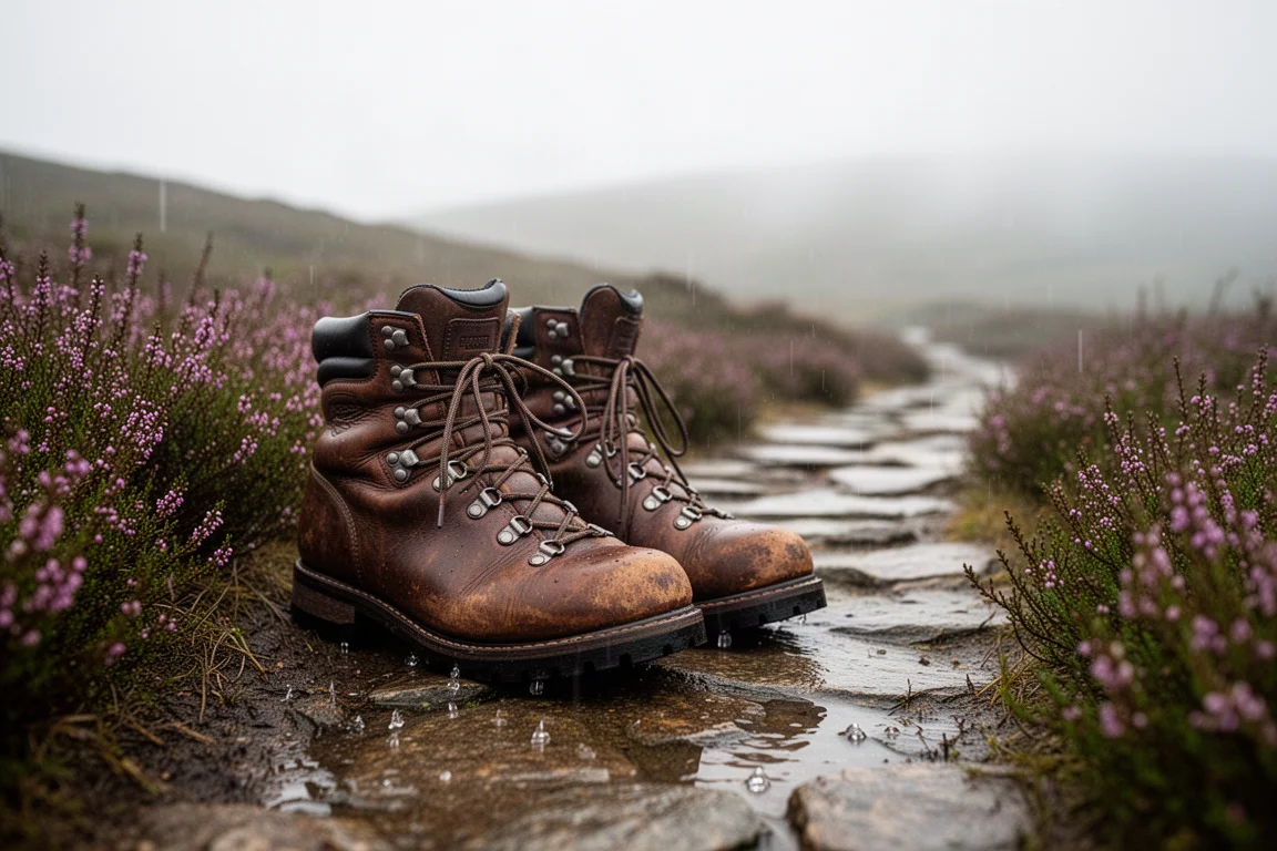 Botas de senderismo desgastadas en un sendero pedregoso y húmedo junto a brezo morado con luz nublada