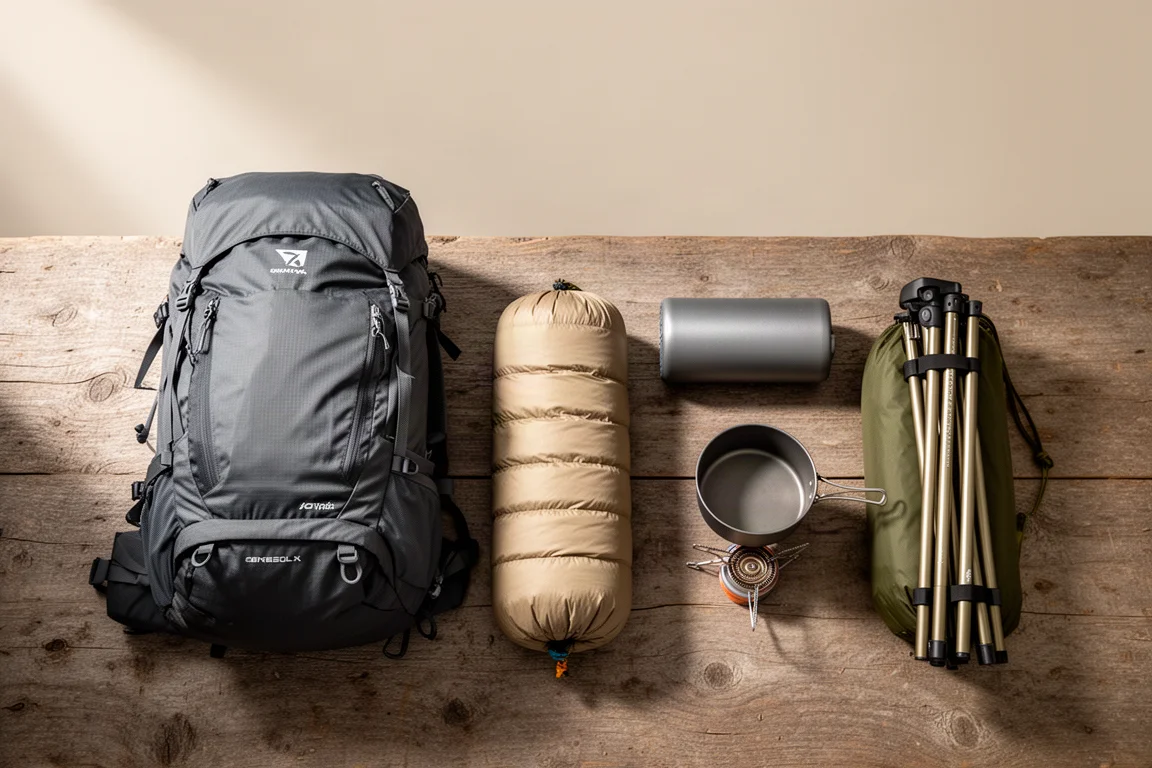 Attrezzatura ultralight da backpacking disposta sul legno con zaino, quilt, materassino, pentola e tenda