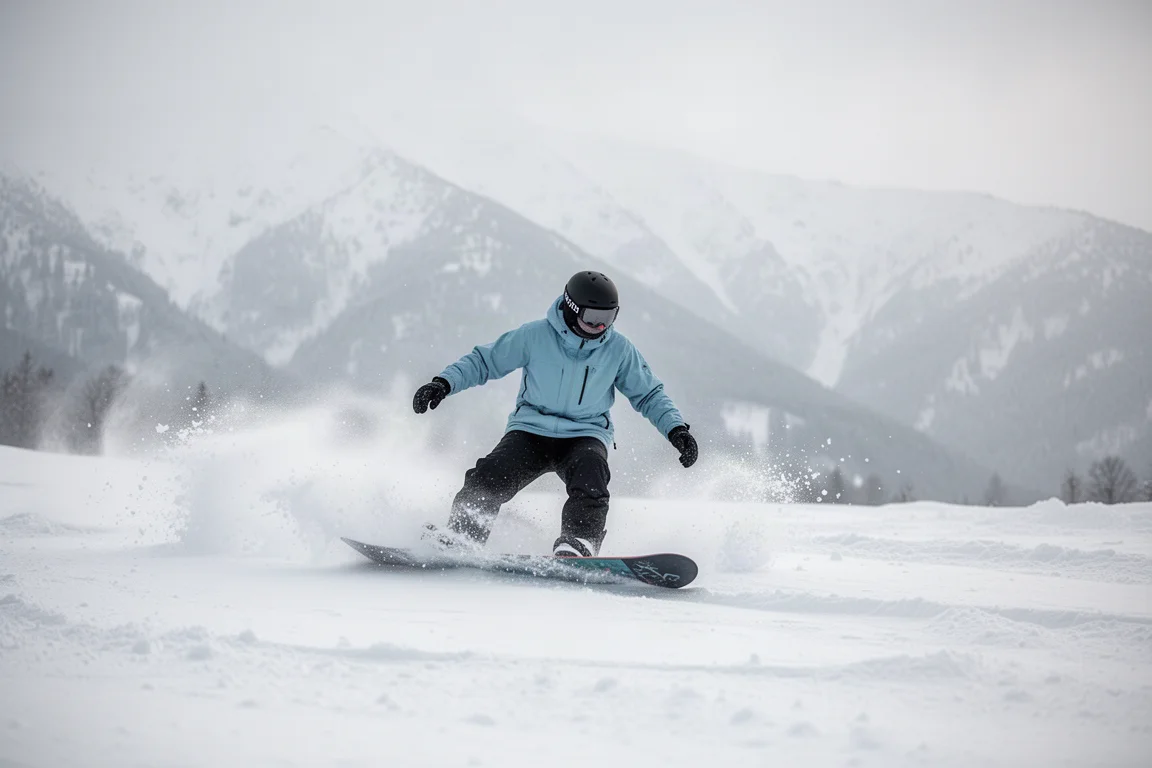 Snowboardåkare som carvar mjuka svängar genom blöt, slaskig snö