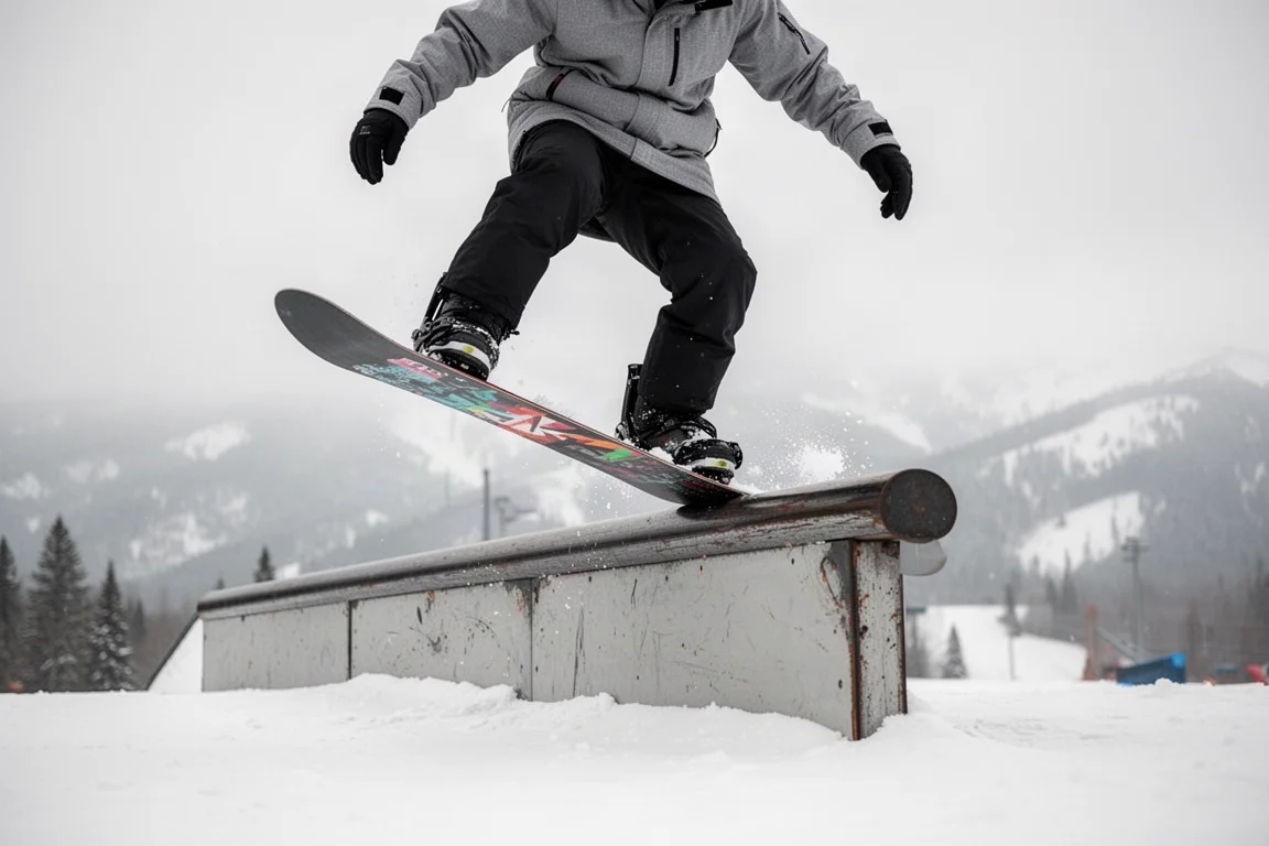 Snowboardåkare som trycker ned boardens nos på en parkmodul