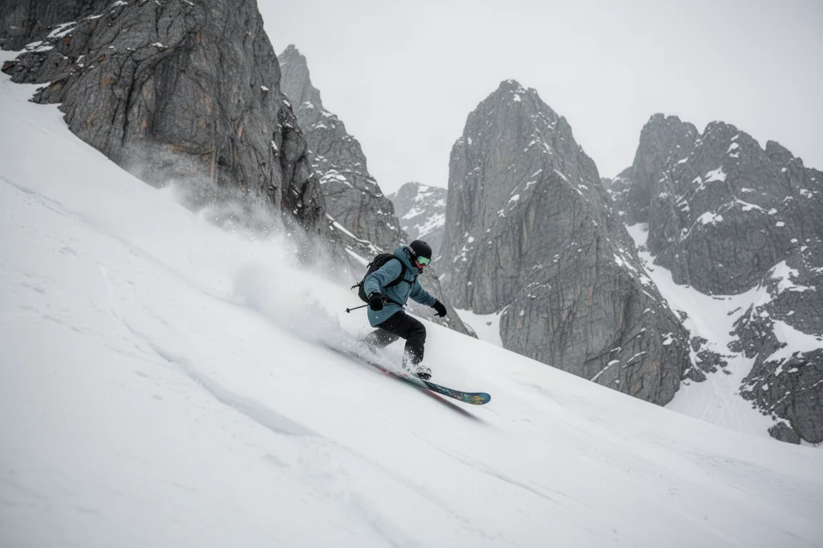 Snowboardåkare på en brant, snabb linje i en isig hårdpackad backe