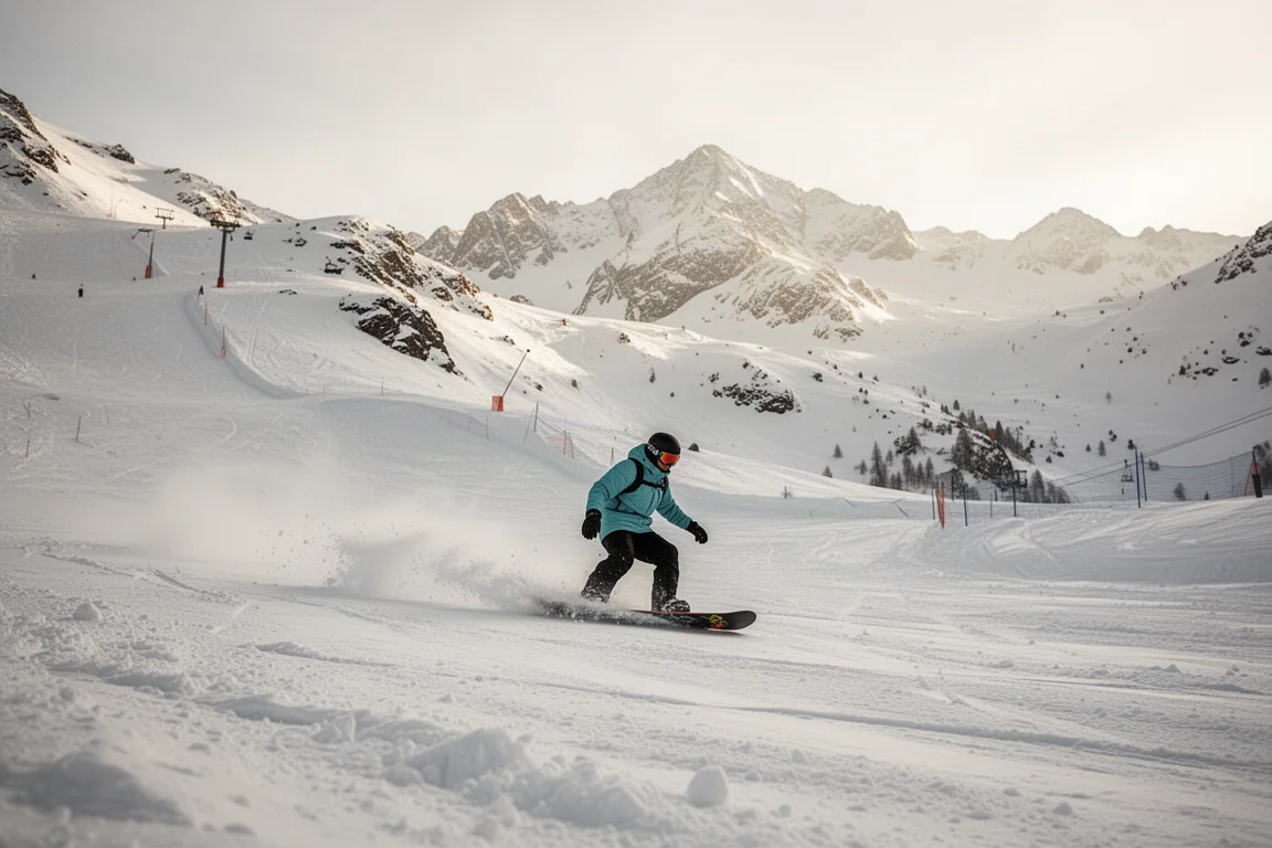 Snowboarder fährt durch wechselhaften Frühlingschnee an einem Alpenhang