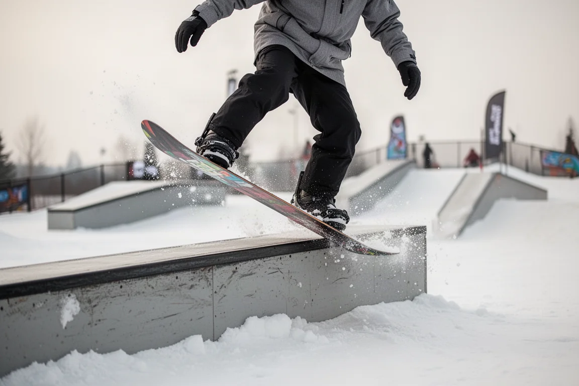 Snowboarder springt von einem kleinen Park-Kicker, das Heck des Boards federt nach