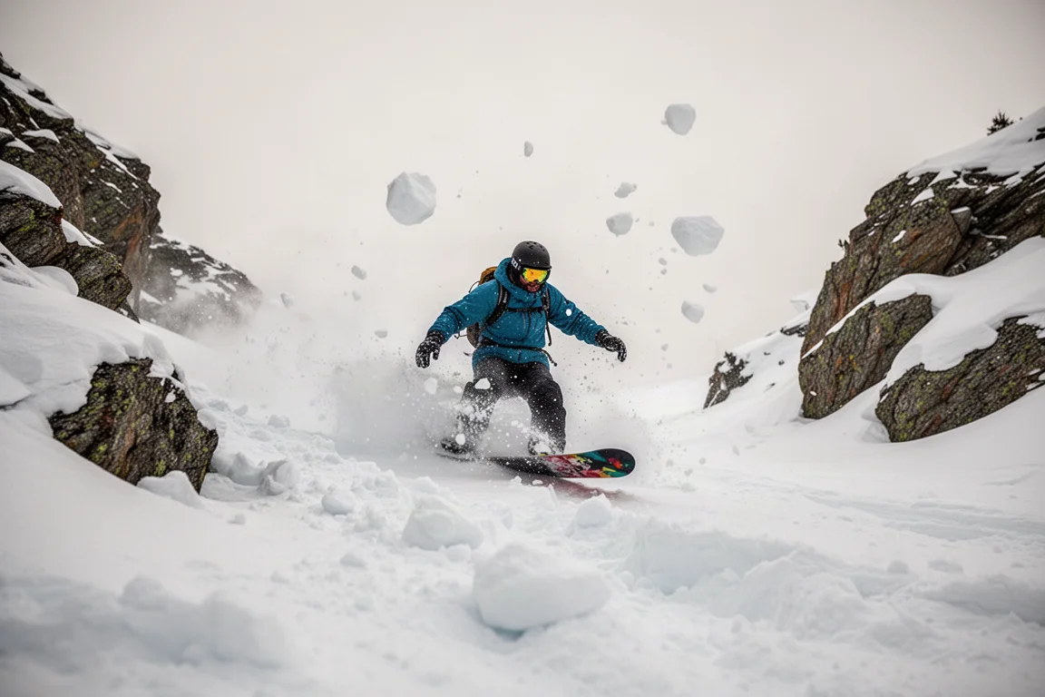 Snowboarder rast schnell durch holprigen, wechselhaften Schnee im Sidecountry-Gelände