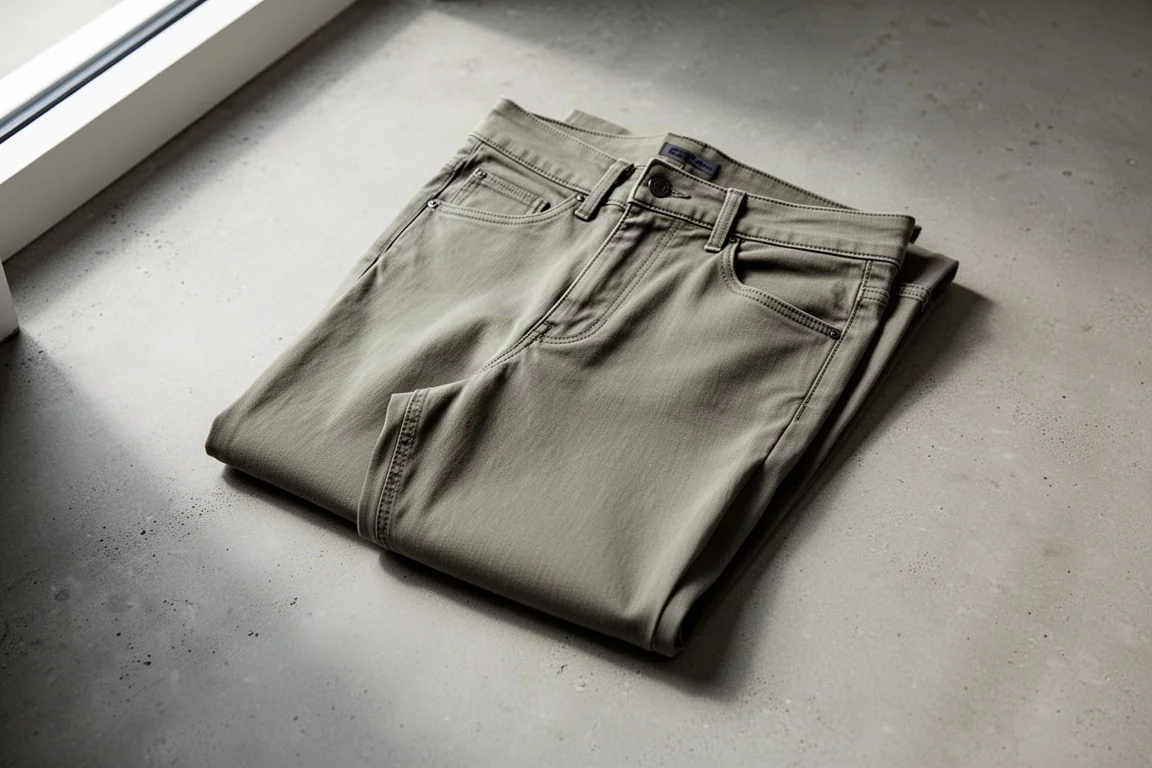 Folded lightweight travel pants in olive-grey displayed flat on a concrete surface